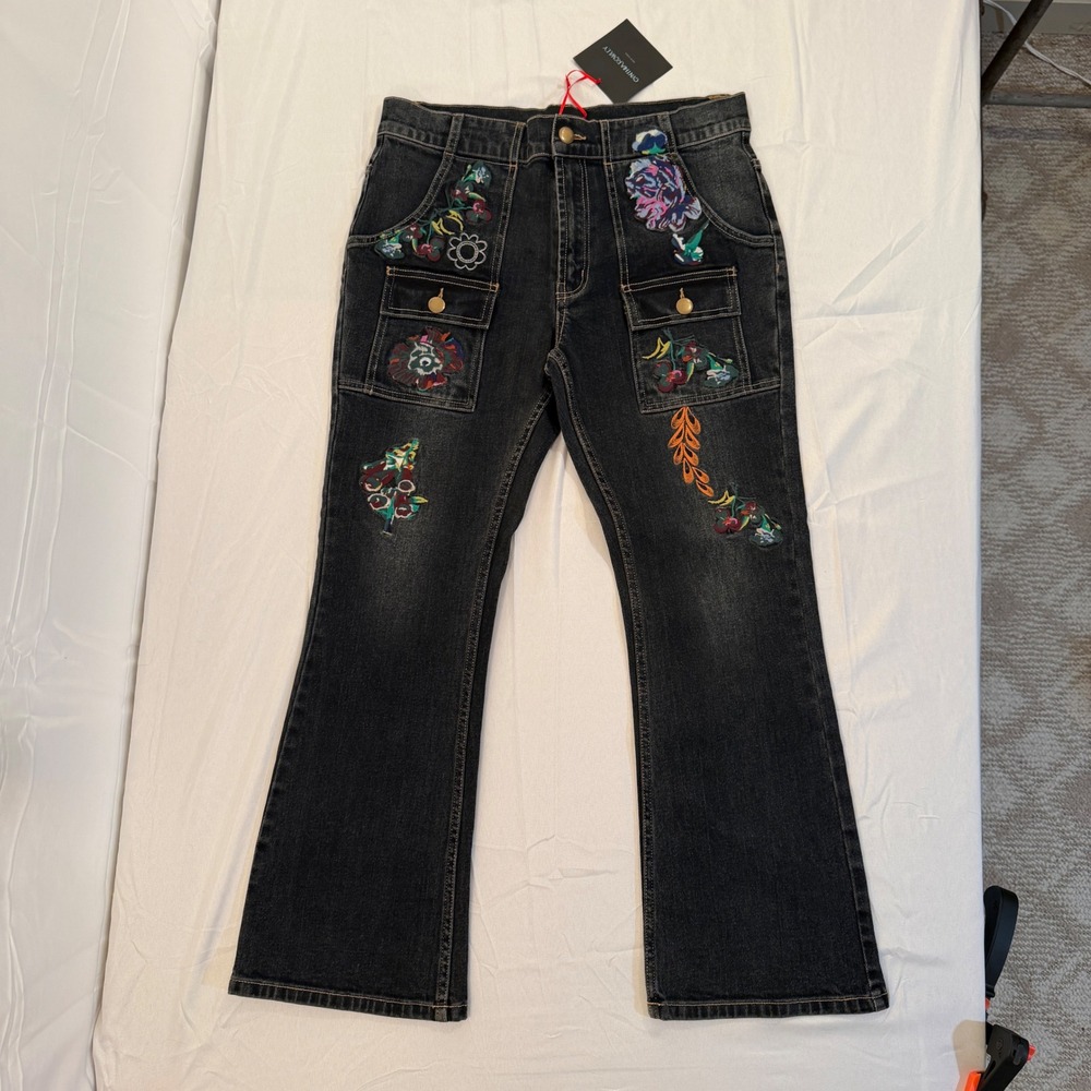 Cynthia Rowley Floral Embroidered Flare Jeans Dark Indigo Blue Womens Size 8 NWT